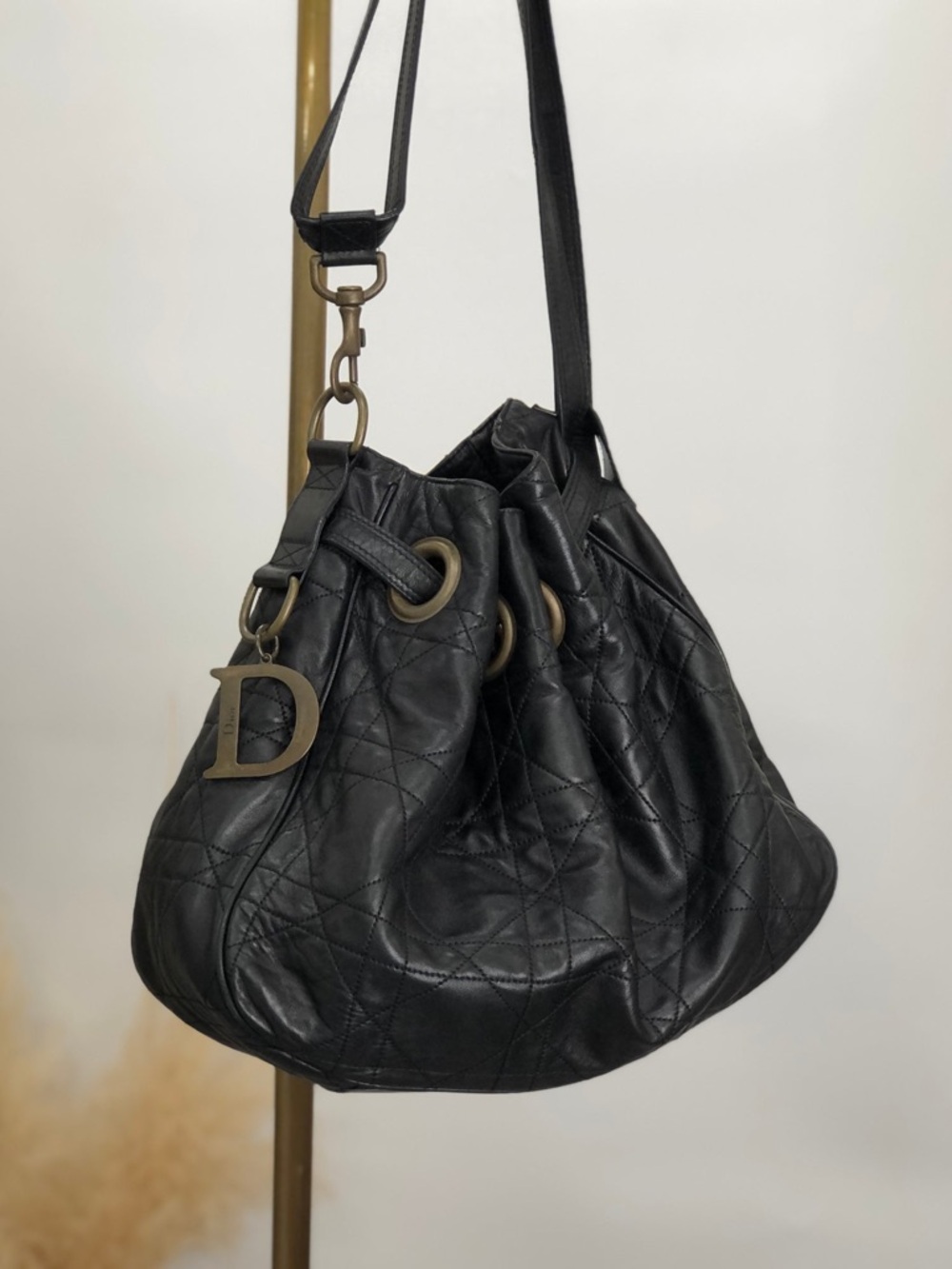 Vintage Christian Dior Hobo Bag Cannage Quilted Black Leather